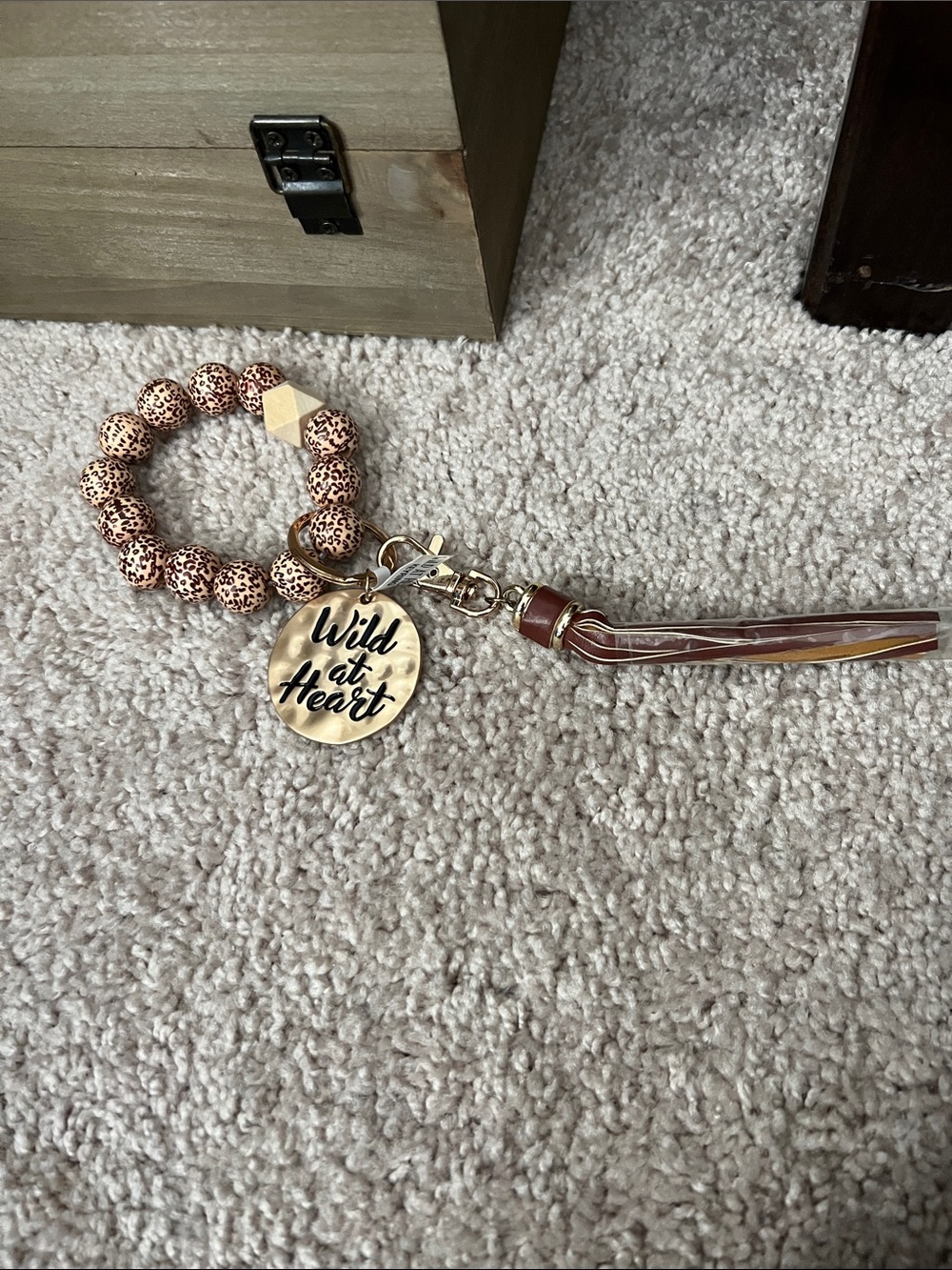 Beaded Wristlet Key & Card Holder with 'Wild at Heart' Gold Charm - Brown